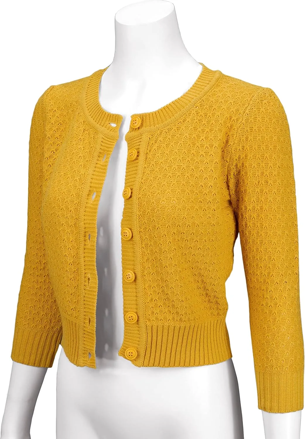 YEMAK Women's Cropped Cardigan Sweater – 3/4 Sleeve Crewneck Basic Classic Casual Button Down Soft Crochet Knit Top (S-3XL)