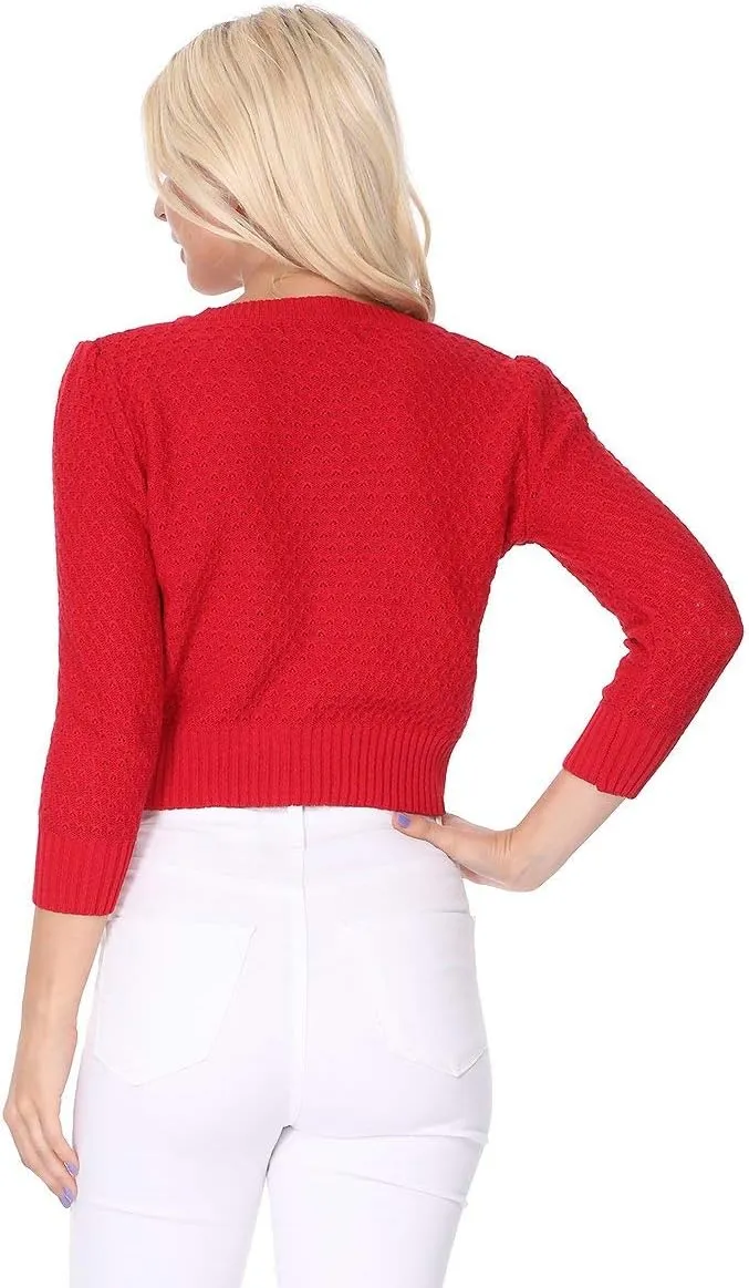 YEMAK Women's Cropped Cardigan Sweater – 3/4 Sleeve Crewneck Basic Classic Casual Button Down Soft Crochet Knit Top (S-3XL)