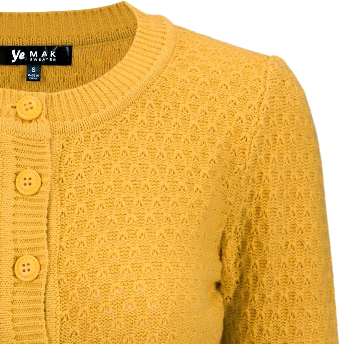 YEMAK Women's Cropped Cardigan Sweater – 3/4 Sleeve Crewneck Basic Classic Casual Button Down Soft Crochet Knit Top (S-3XL)