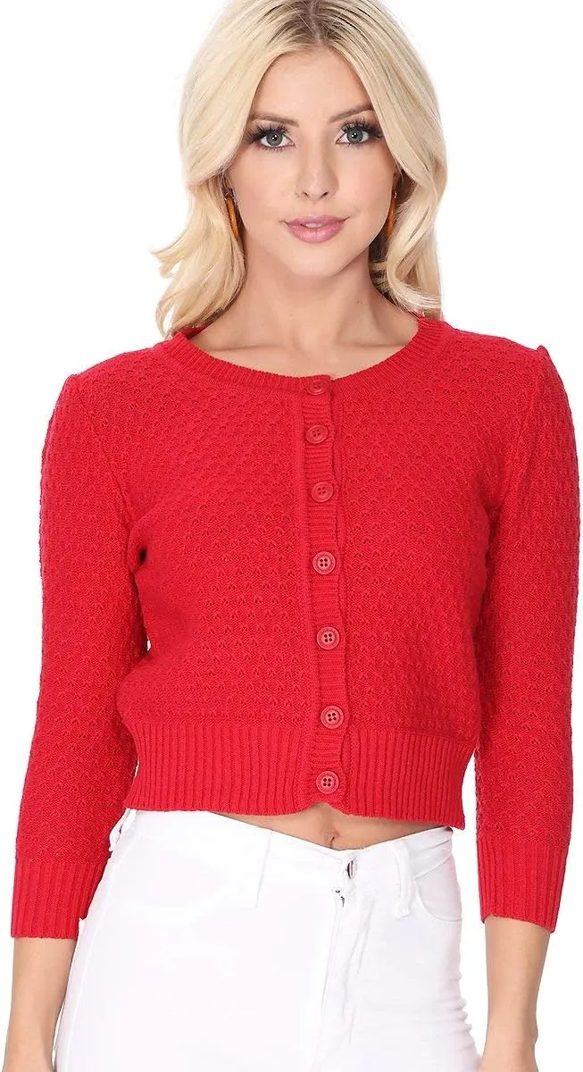 YEMAK Women's Cropped Cardigan Sweater – 3/4 Sleeve Crewneck Basic Classic Casual Button Down Soft Crochet Knit Top (S-3XL)