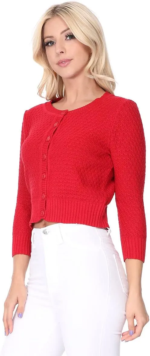 YEMAK Women's Cropped Cardigan Sweater – 3/4 Sleeve Crewneck Basic Classic Casual Button Down Soft Crochet Knit Top (S-3XL)