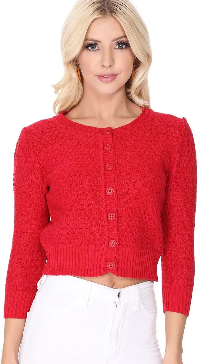 YEMAK Women's Cropped Cardigan Sweater – 3/4 Sleeve Crewneck Basic Classic Casual Button Down Soft Crochet Knit Top (S-3XL)