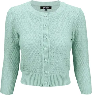 YEMAK Women's Cropped Cardigan Sweater – 3/4 Sleeve Crewneck Basic Classic Casual Button Down Soft Crochet Knit Top (S-3XL)