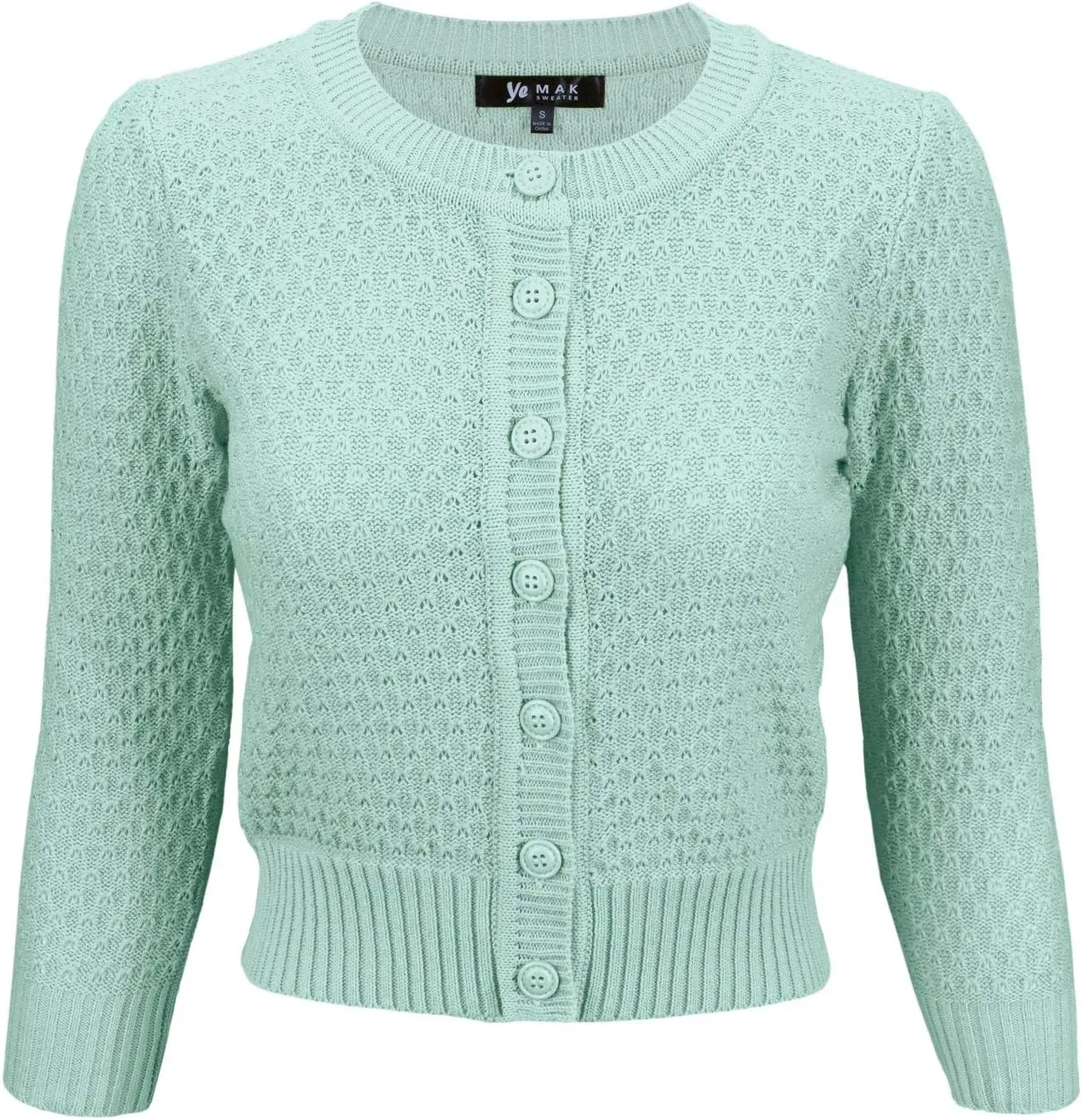 YEMAK Women's Cropped Cardigan Sweater – 3/4 Sleeve Crewneck Basic Classic Casual Button Down Soft Crochet Knit Top (S-3XL)
