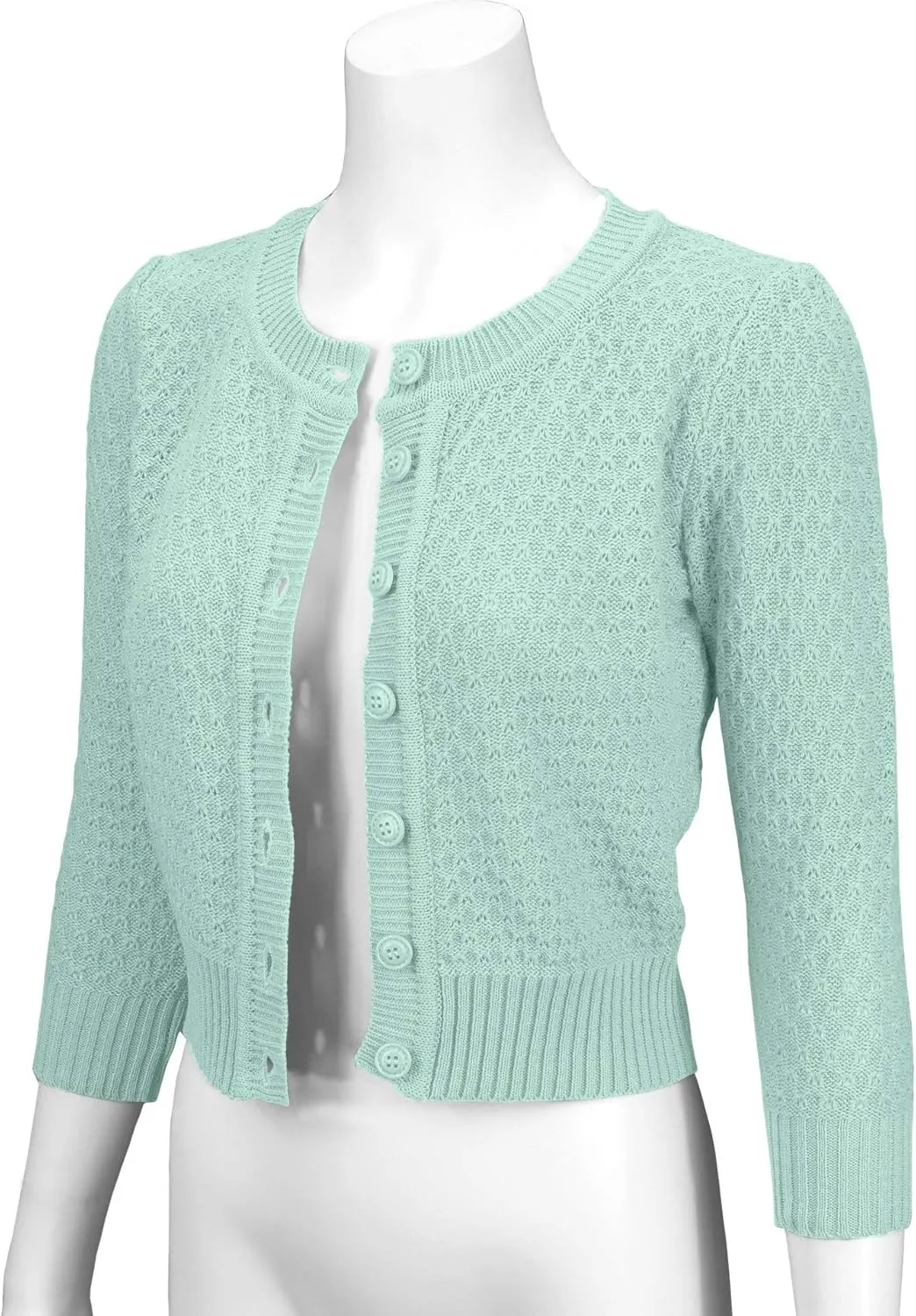 YEMAK Women's Cropped Cardigan Sweater – 3/4 Sleeve Crewneck Basic Classic Casual Button Down Soft Crochet Knit Top (S-3XL)