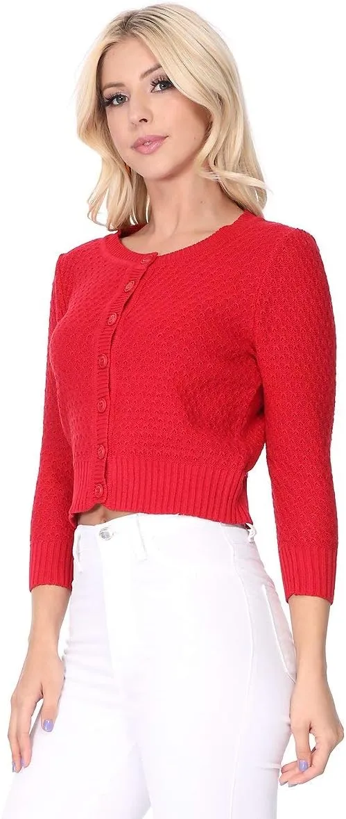 YEMAK Women's Cropped Cardigan Sweater – 3/4 Sleeve Crewneck Basic Classic Casual Button Down Soft Crochet Knit Top (S-3XL)