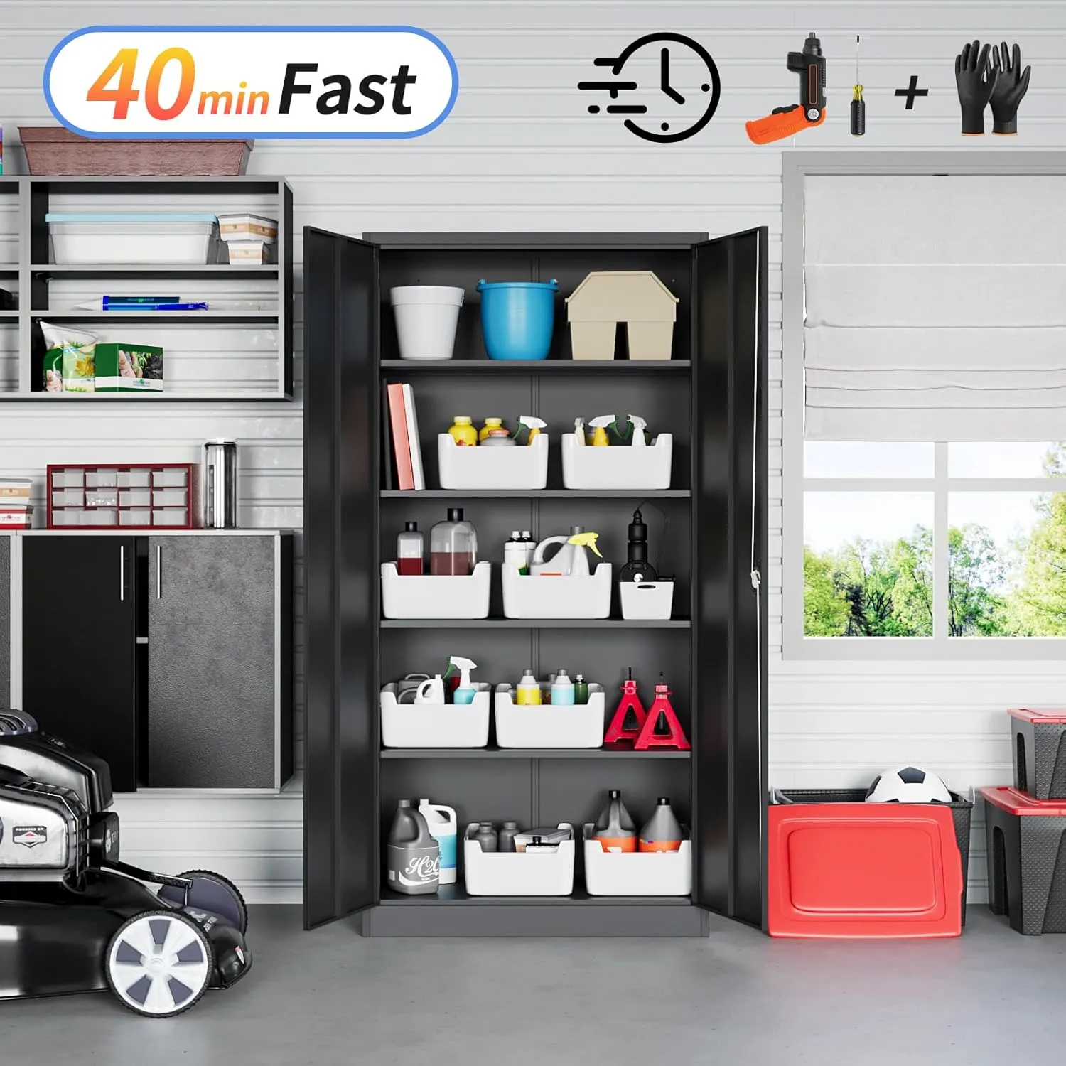 Yizosh Metal Garage Storage Cabinet with Lock, 71" Locking Tool Cabinet with 2 Doors and 5 Shelves, Tall Steel Cabinet for Garage, Heavy Duty File Cabinet for Office, School (Black)