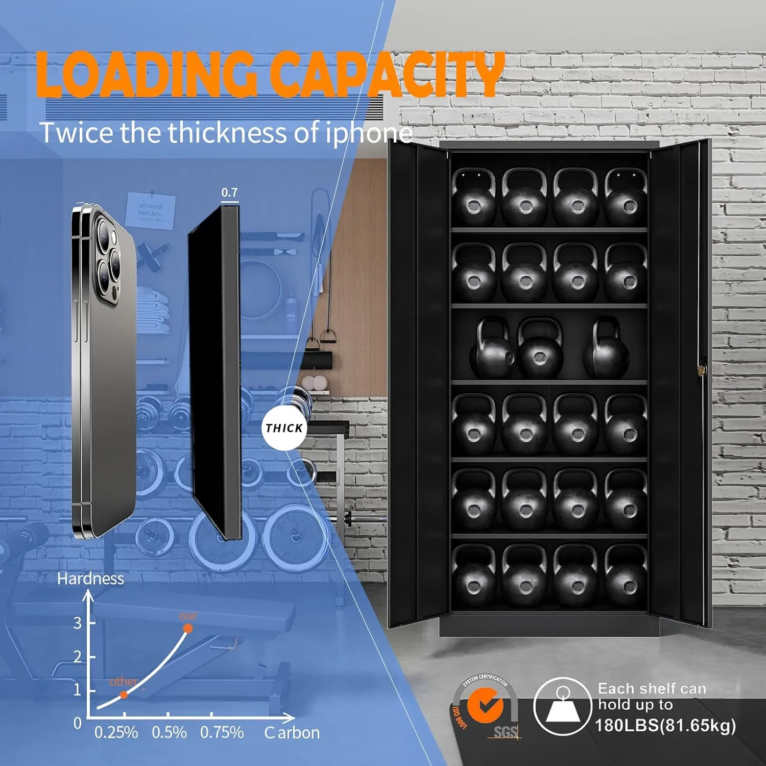Yizosh Metal Garage Storage Cabinet with Lock, 71" Locking Tool Cabinet with 2 Doors and 5 Shelves, Tall Steel Cabinet for Garage, Heavy Duty File Cabinet for Office, School (Black)