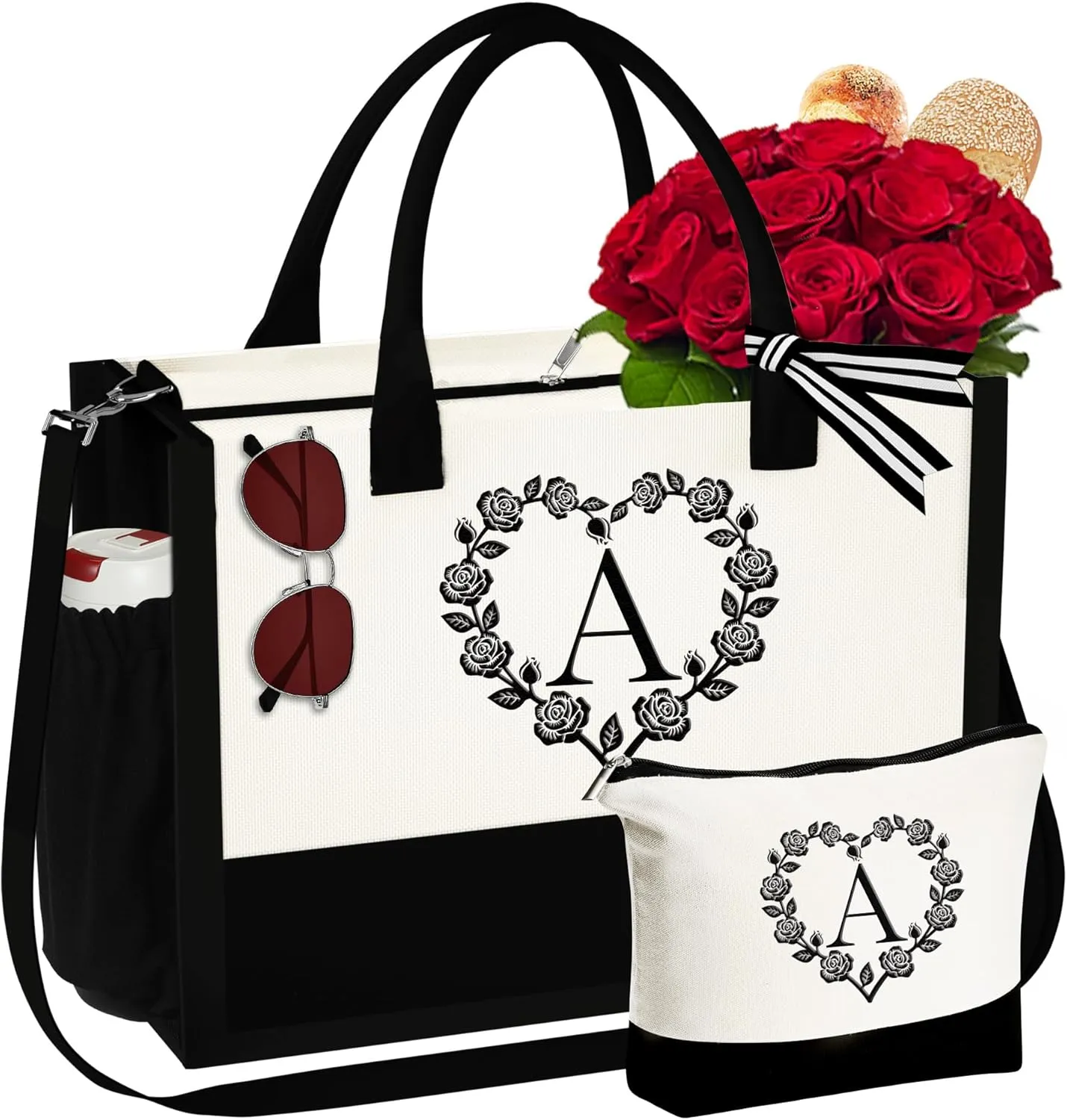 YOOLIFE Mothers Day Gifts - Initial Canvas Tote Bag Makeup Bag, Personalized Gifts for Women Mom Wife Teacher Friend Birthday