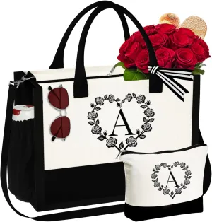 YOOLIFE Mothers Day Gifts - Initial Canvas Tote Bag Makeup Bag, Personalized Gifts for Women Mom Wife Teacher Friend Birthday