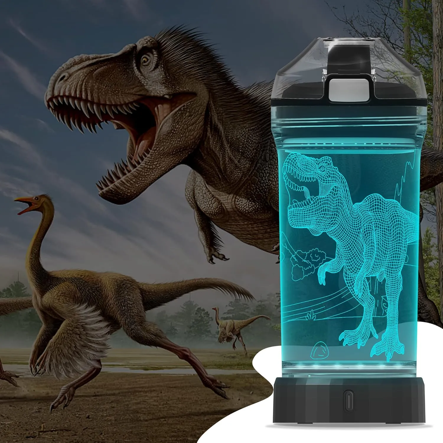 YuanDian Light Up Kids Water Bottle with 3D Dinosaur Tyrannosaurus Rex Design- 14 OZ Tritan BPA Free - Cool Drinking Cups Gift for School Kids Boy Girl Child Christmas Holiday