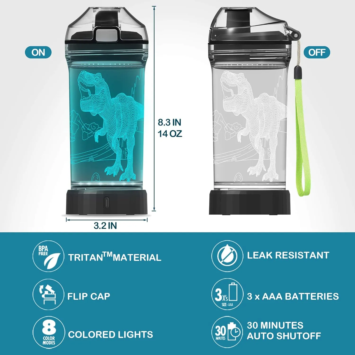 YuanDian Light Up Kids Water Bottle with 3D Dinosaur Tyrannosaurus Rex Design- 14 OZ Tritan BPA Free - Cool Drinking Cups Gift for School Kids Boy Girl Child Christmas Holiday