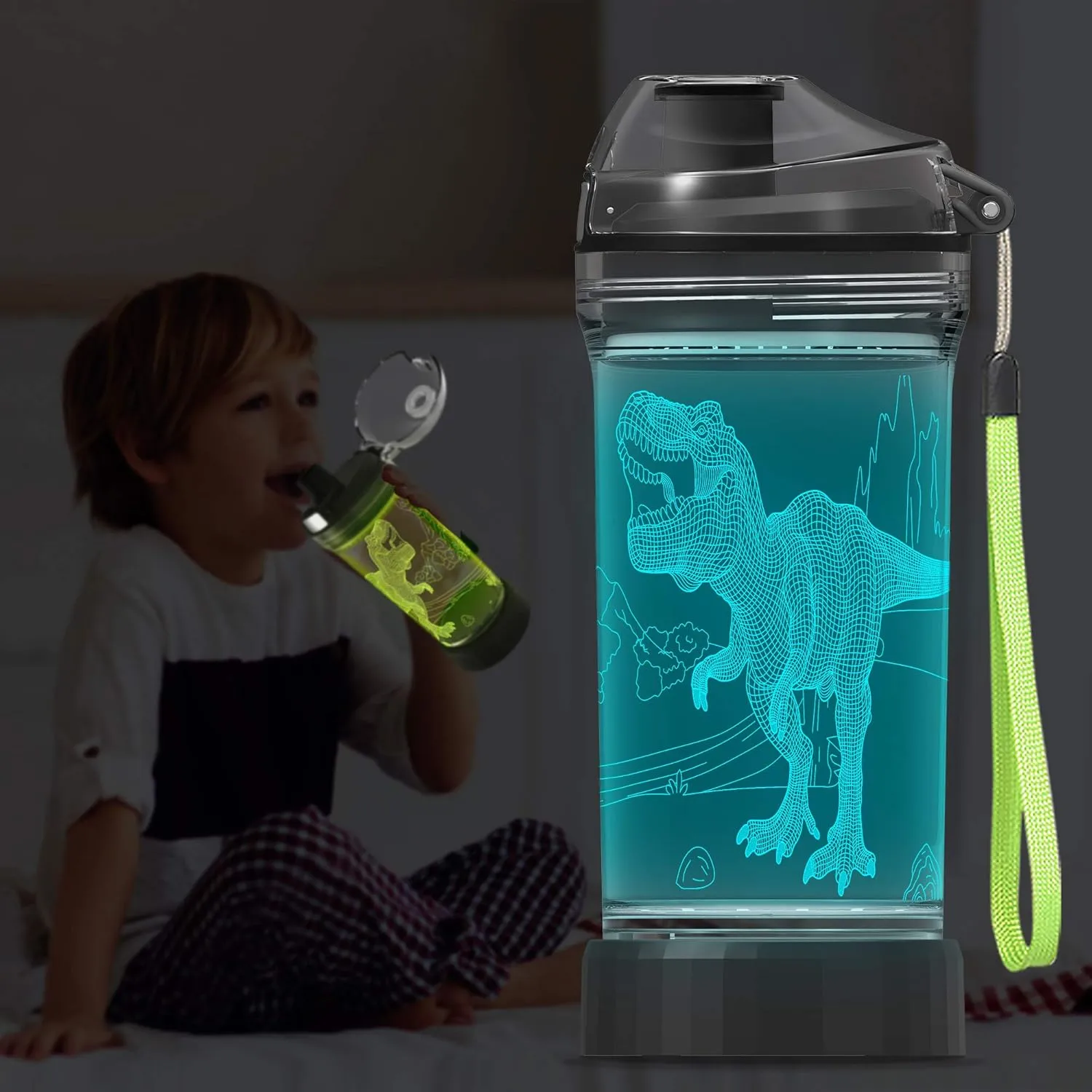 YuanDian Light Up Kids Water Bottle with 3D Dinosaur Tyrannosaurus Rex Design- 14 OZ Tritan BPA Free - Cool Drinking Cups Gift for School Kids Boy Girl Child Christmas Holiday