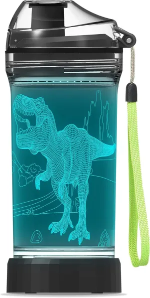 YuanDian Light Up Kids Water Bottle with 3D Dinosaur Tyrannosaurus Rex Design- 14 OZ Tritan BPA Free - Cool Drinking Cups Gift for School Kids Boy Girl Child Christmas Holiday
