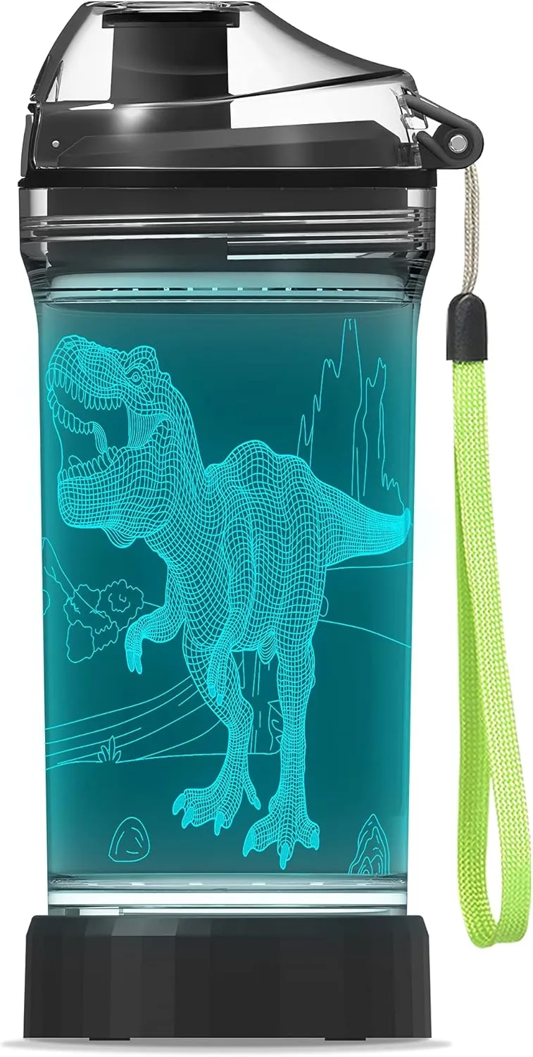 YuanDian Light Up Kids Water Bottle with 3D Dinosaur Tyrannosaurus Rex Design- 14 OZ Tritan BPA Free - Cool Drinking Cups Gift for School Kids Boy Girl Child Christmas Holiday
