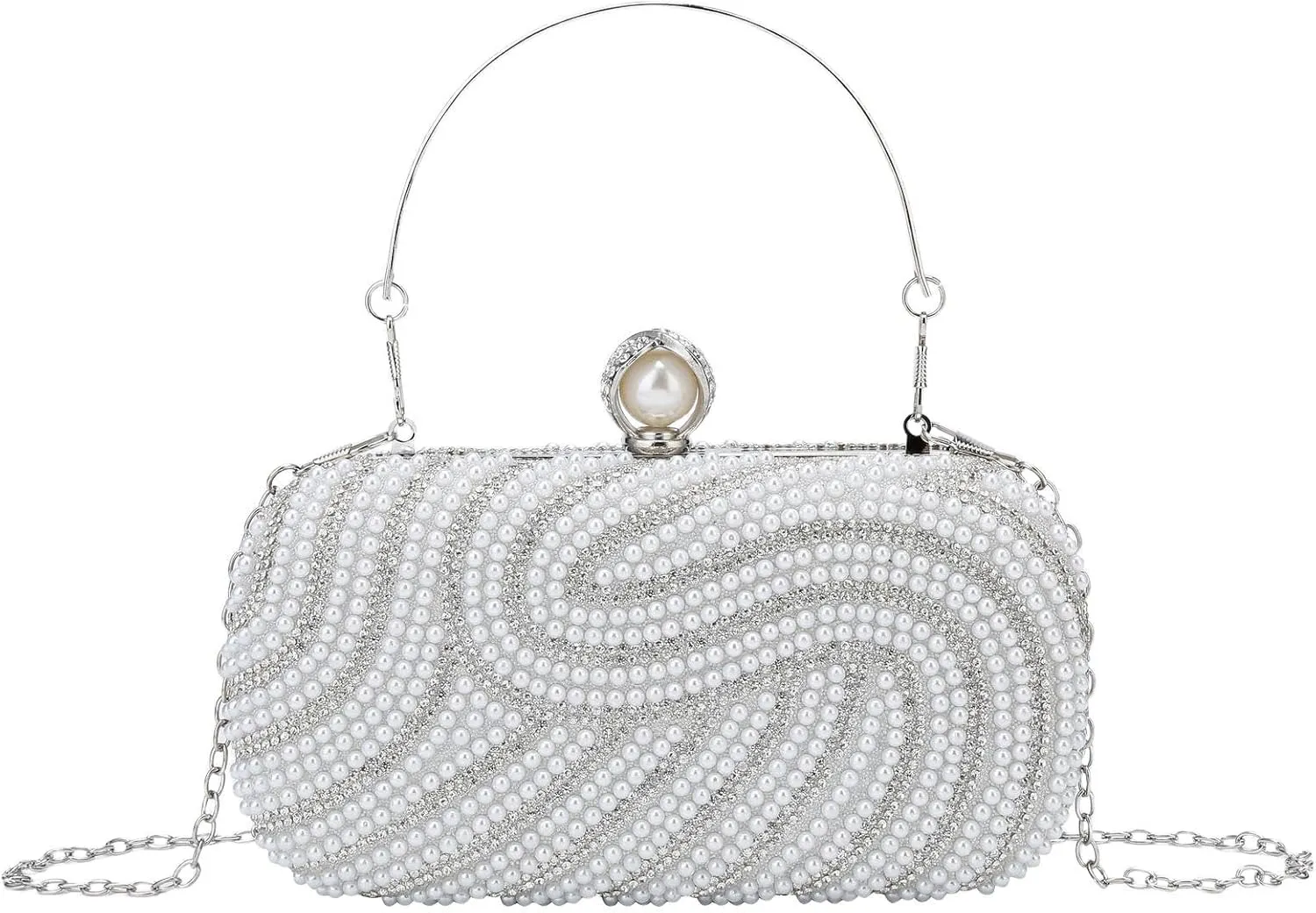 YYW Womens Pearl Clutch Purse Evening Handbags Beaded Bag for Wedding Bride Party with Chain