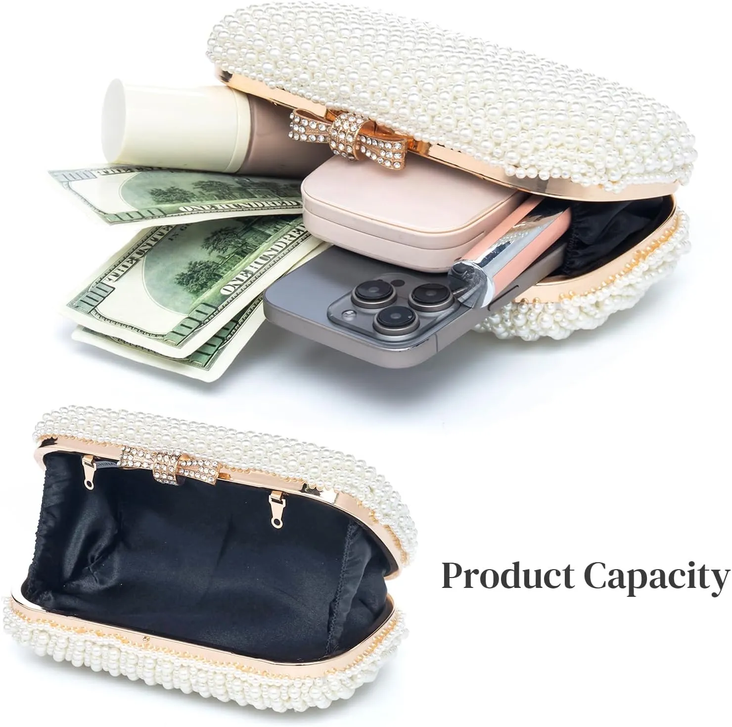 YYW Womens Pearl Clutch Purse Evening Handbags Beaded Bag for Wedding Bride Party with Chain