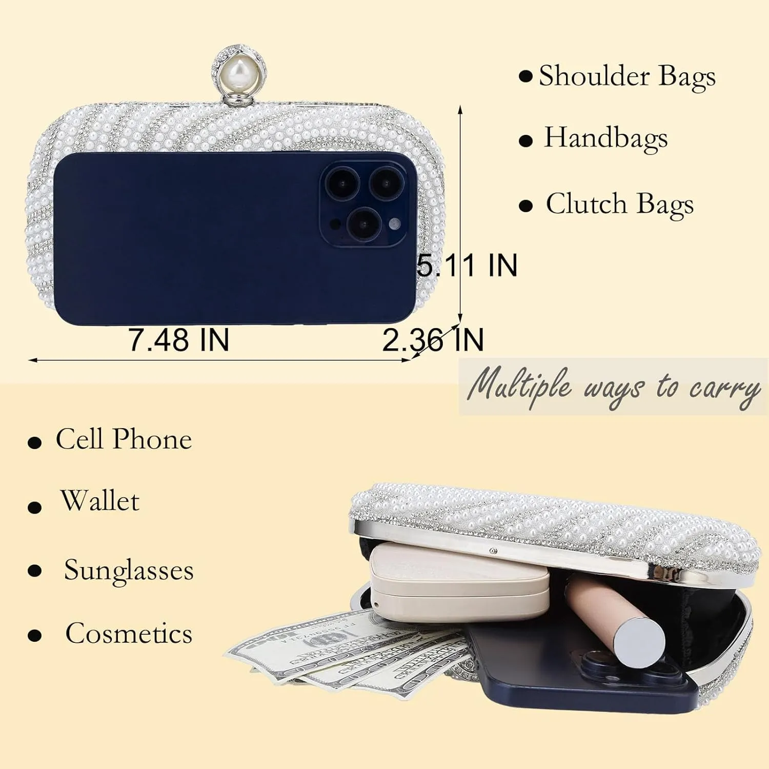 YYW Womens Pearl Clutch Purse Evening Handbags Beaded Bag for Wedding Bride Party with Chain