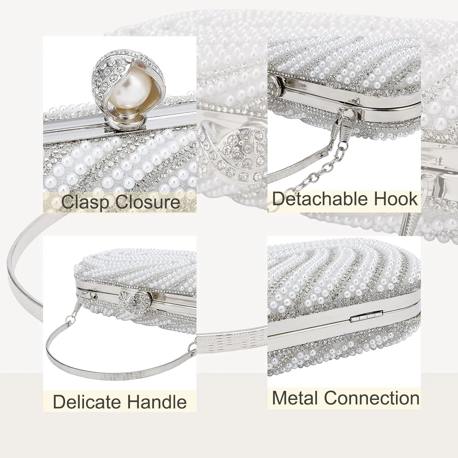 YYW Womens Pearl Clutch Purse Evening Handbags Beaded Bag for Wedding Bride Party with Chain
