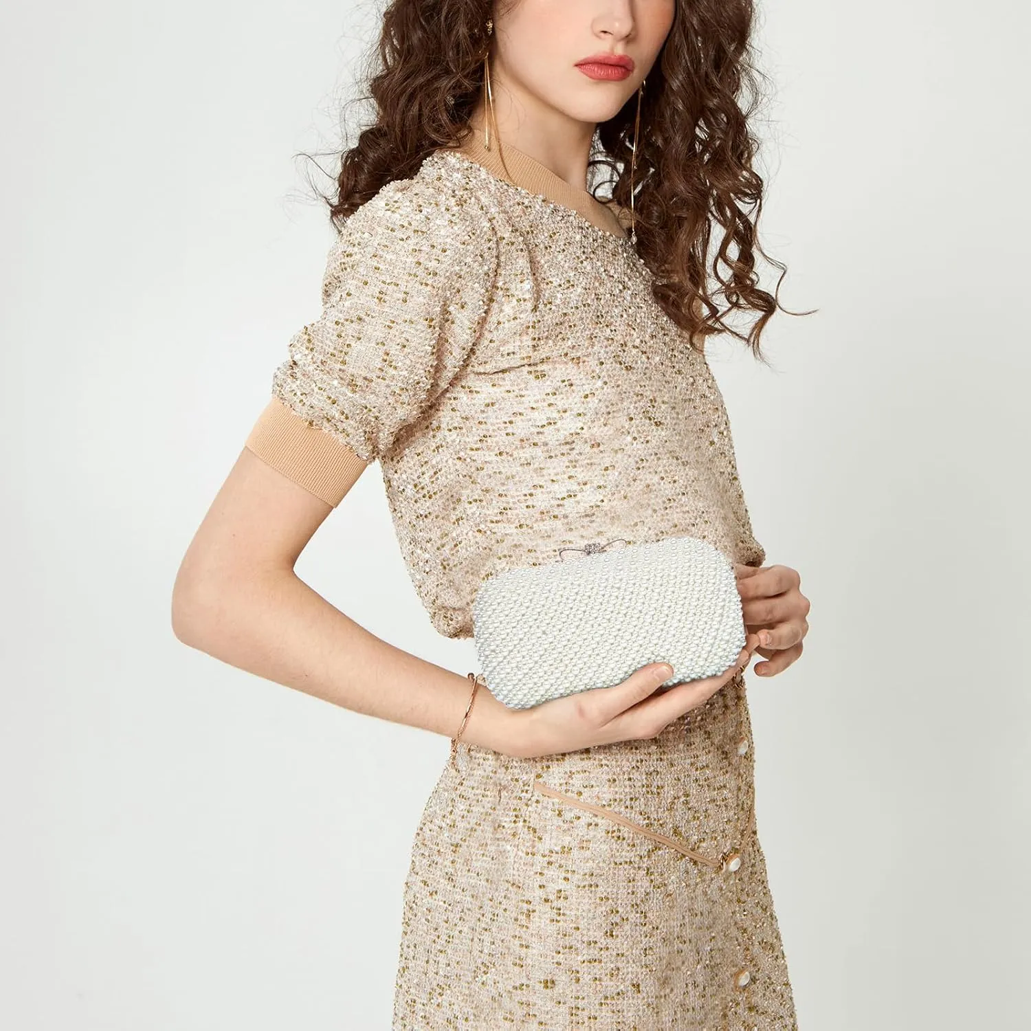 YYW Womens Pearl Clutch Purse Evening Handbags Beaded Bag for Wedding Bride Party with Chain