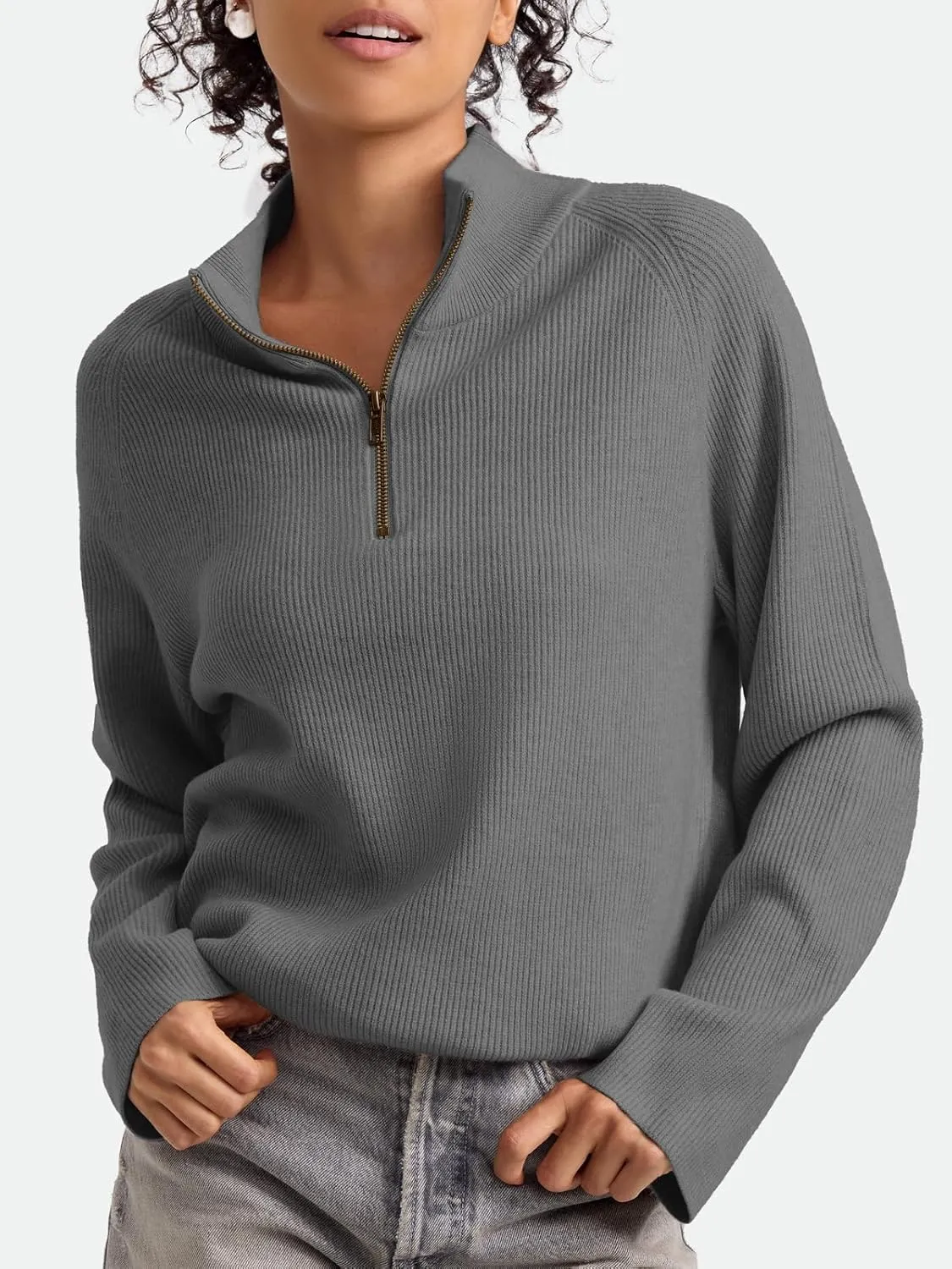 ZANZEA Quarter Zip Pullover Women Long Sleeve Knit Sweater V Neck Fall Tops Fashion Clothes 2024