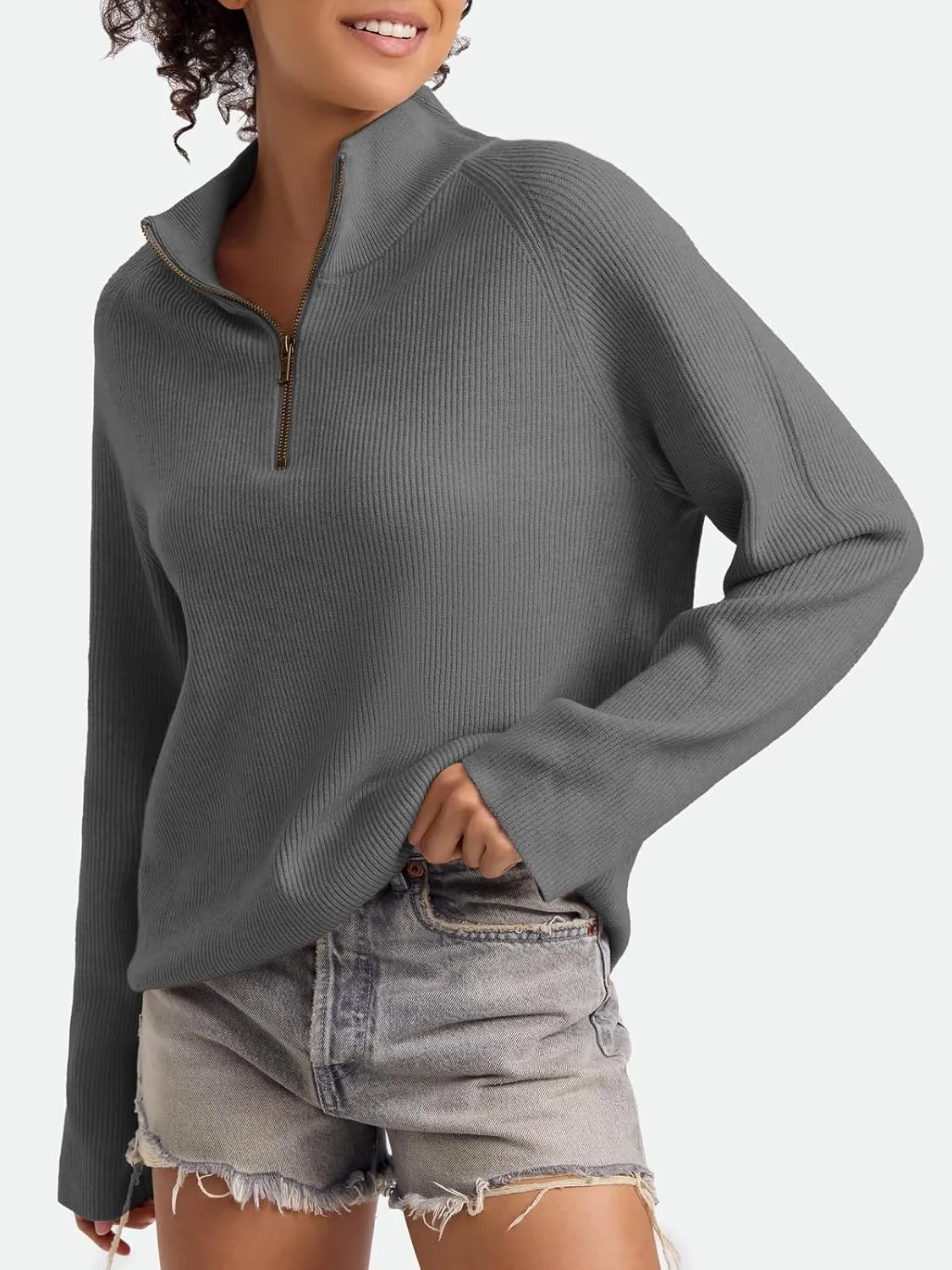 ZANZEA Quarter Zip Pullover Women Long Sleeve Knit Sweater V Neck Fall Tops Fashion Clothes 2024