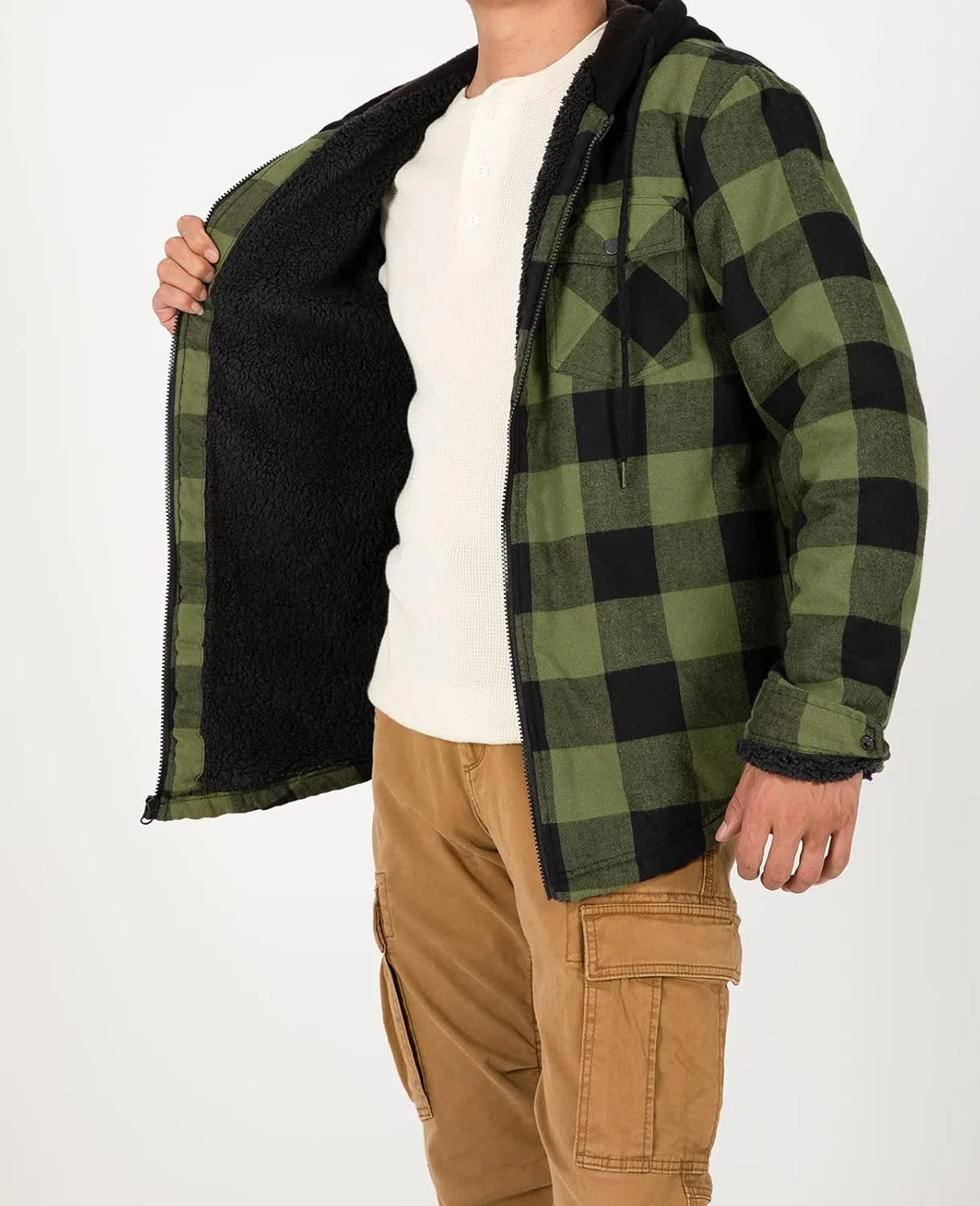 ZENTHACE Mens Sherpa Lined Flannel Shirt Jacket with Hood,Plaid Shirt-Jac,all Sherpa Lining