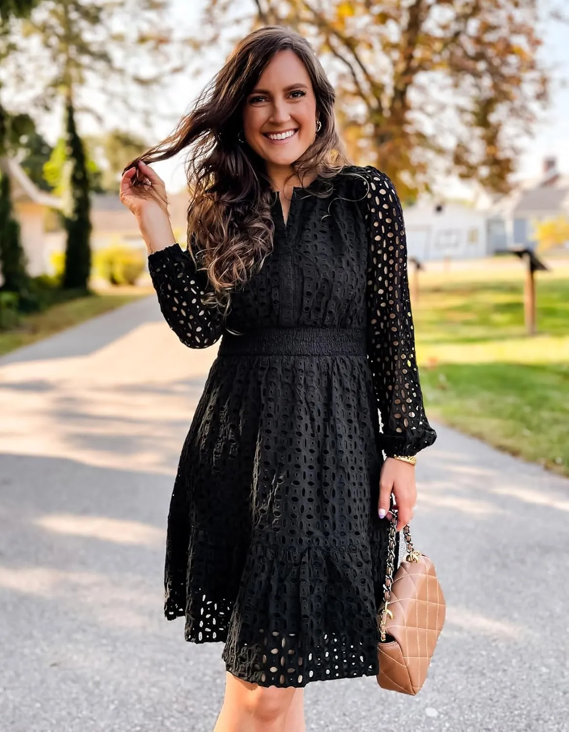 ZESICA Women's 2025 Long Sleeve Mini Dress Spring V Neck Hollow Out Eyelet Embroidery Ruffle A Line Swing Short Dresses
