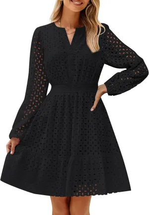 ZESICA Women's 2025 Long Sleeve Mini Dress Spring V Neck Hollow Out Eyelet Embroidery Ruffle A Line Swing Short Dresses