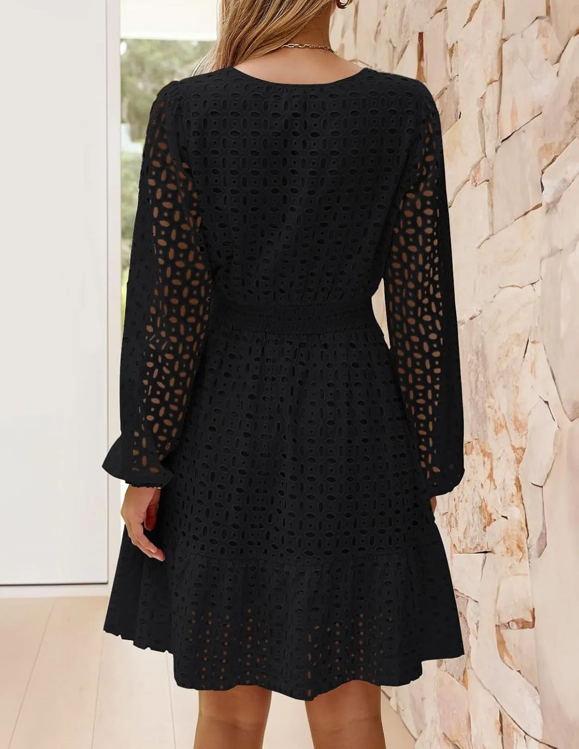 ZESICA Women's 2025 Long Sleeve Mini Dress Spring V Neck Hollow Out Eyelet Embroidery Ruffle A Line Swing Short Dresses