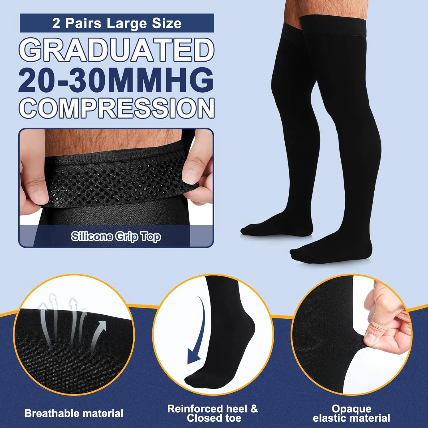 Zhanmai 2 Pairs Thigh High Men's Compression Socks 20-30 Mmhg Compression Stocking with Silicone Grip Men's Dress Socks (Large)
