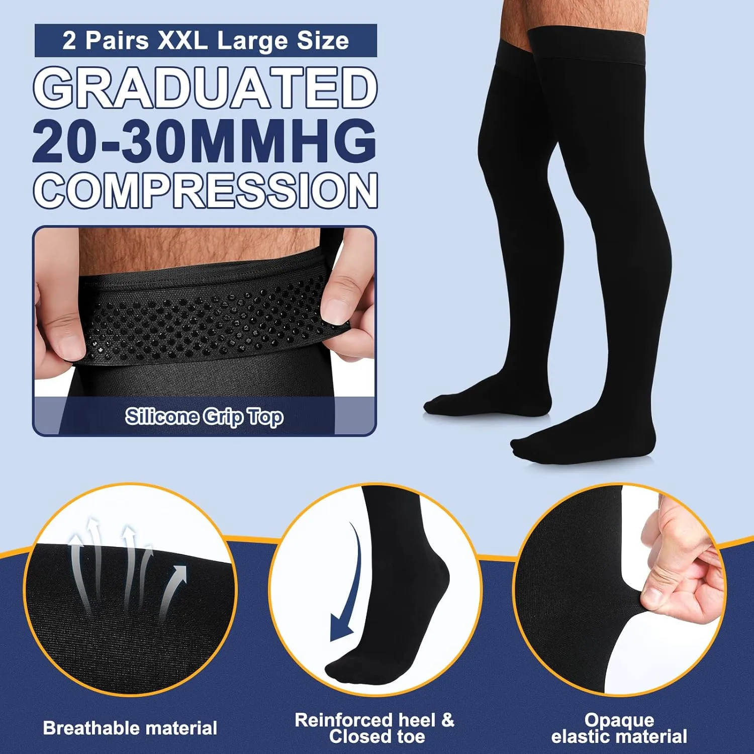 Zhanmai 2 Pairs Thigh High Men's Compression Socks 20-30 Mmhg Compression Stocking with Silicone Grip Men's Dress Socks (xx-large)