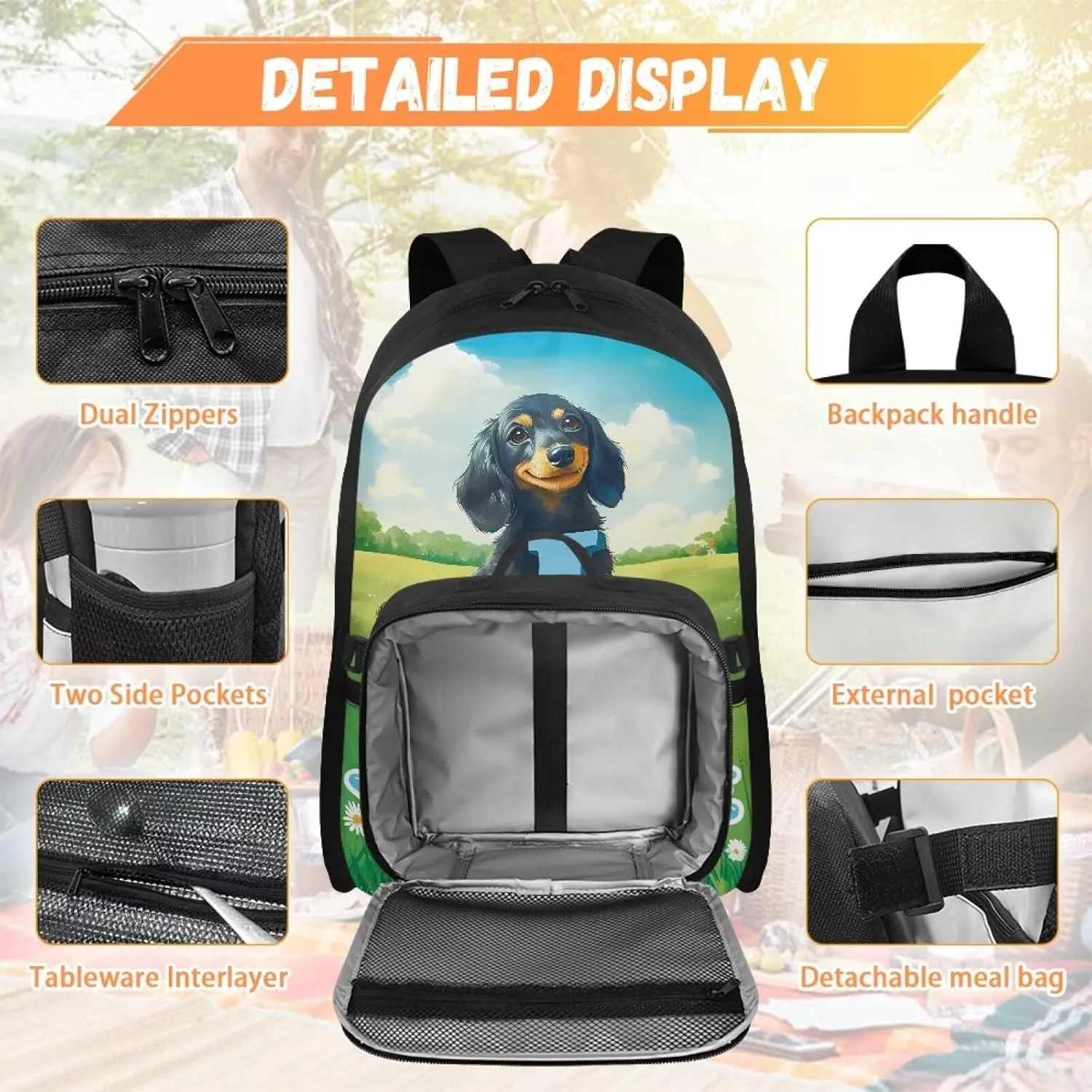 ZOUTAIRONG Kids Backpacks for Girls Boys Personalized Large Capacity School Bag and Removable Dining Bag, Dachshunds Pattern 17 Inch Bookbag with Side Pockets