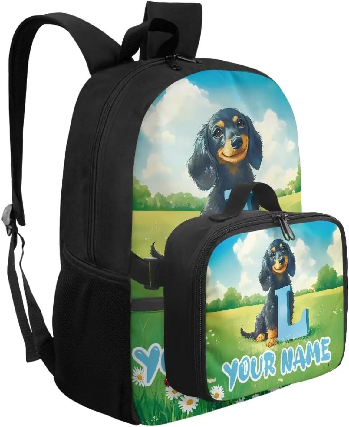 ZOUTAIRONG Kids Backpacks for Girls Boys Personalized Large Capacity School Bag and Removable Dining Bag, Dachshunds Pattern 17 Inch Bookbag with Side Pockets