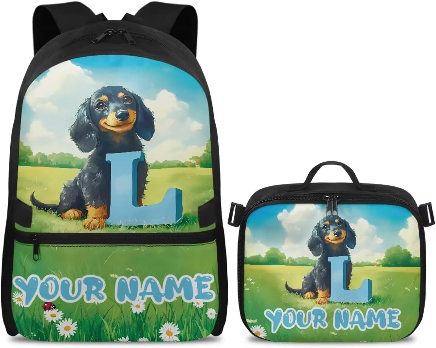 ZOUTAIRONG Kids Backpacks for Girls Boys Personalized Large Capacity School Bag and Removable Dining Bag, Dachshunds Pattern 17 Inch Bookbag with Side Pockets